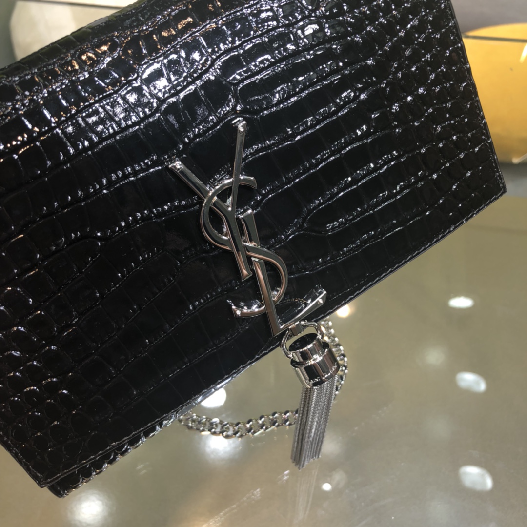 Saint Laurent Kate Tassel Small Crocodile Embossed Calfskin Shoulder Bag Handbag Black 474366 Silver